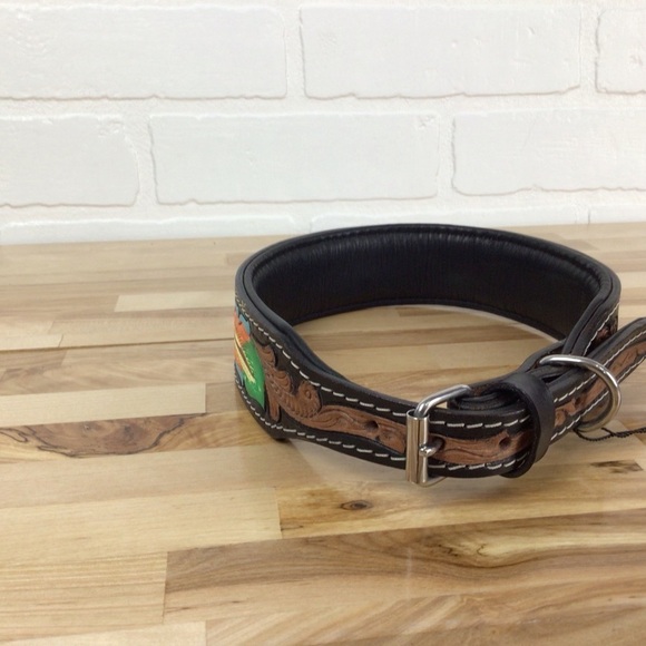Mad Cow genuine leather jewelry dog collar handmade black green orange design - Picture 3 of 11